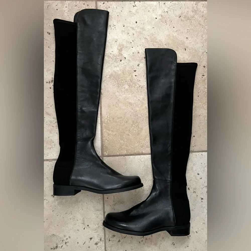 Stuart Weitzman Black Leather & Stretch Over-the-Knee Riding Boots